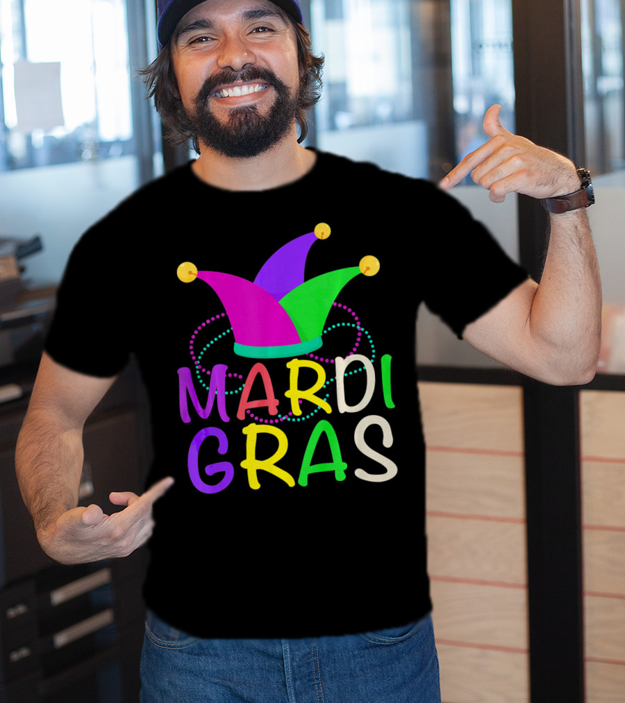Mardi Gras Jester Hat Colorful Beads T-Shirt