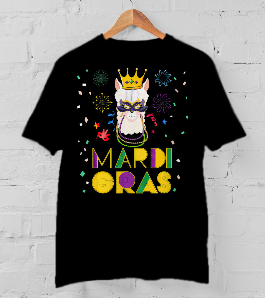 Mardi Gras Llama Alpaca Crowns Beads Fun Mask Fireworks T-Shirt