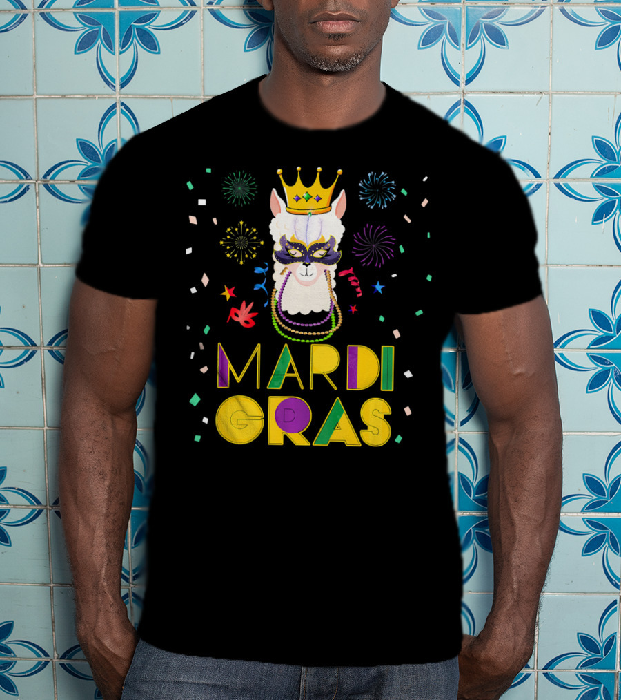 Mardi Gras Llama Alpaca Crowns Beads Fun Mask Fireworks T-Shirt