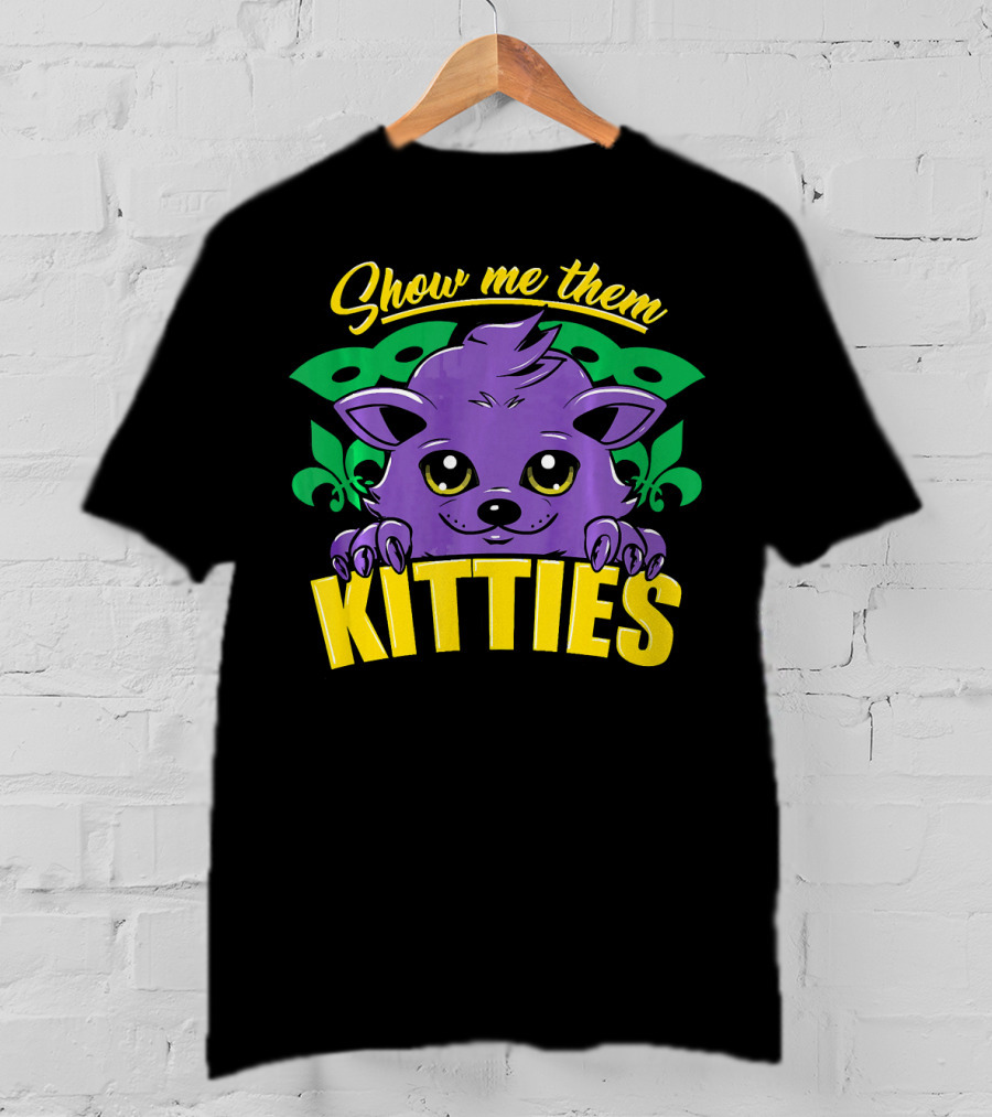 Show Me Them Kitties Mardi Gras Mask Purple Cat Fleur-de-Lis T-Shirt