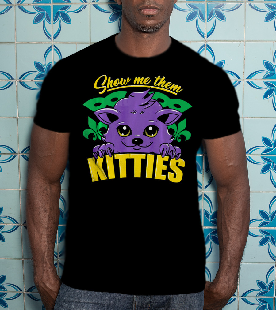 Show Me Them Kitties Mardi Gras Mask Purple Cat Fleur-de-Lis T-Shirt