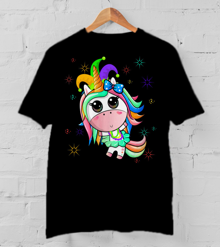 Mardi Gras Unicorn With Colorful Beads And Jester Hat T-Shirt