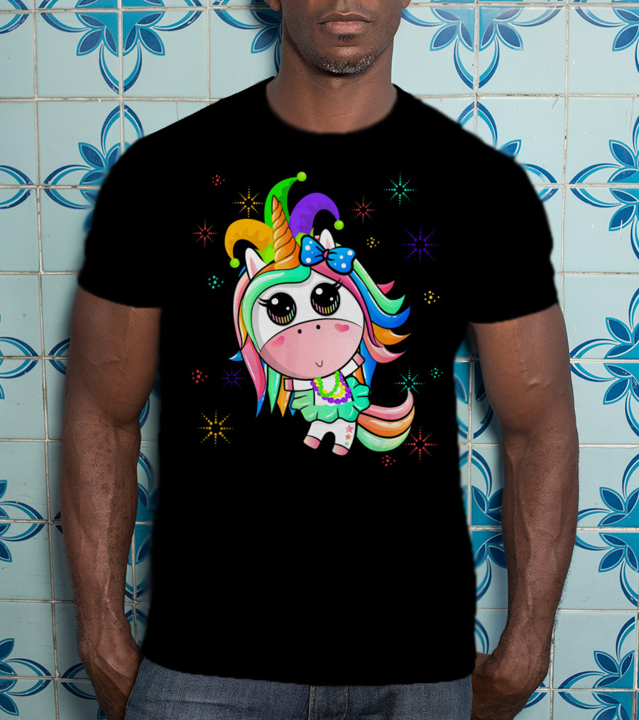 Mardi Gras Unicorn With Colorful Beads And Jester Hat T-Shirt