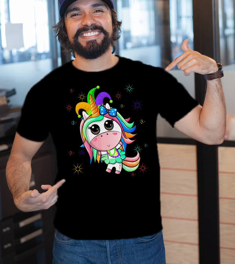 Mardi Gras Unicorn With Colorful Beads And Jester Hat T-Shirt