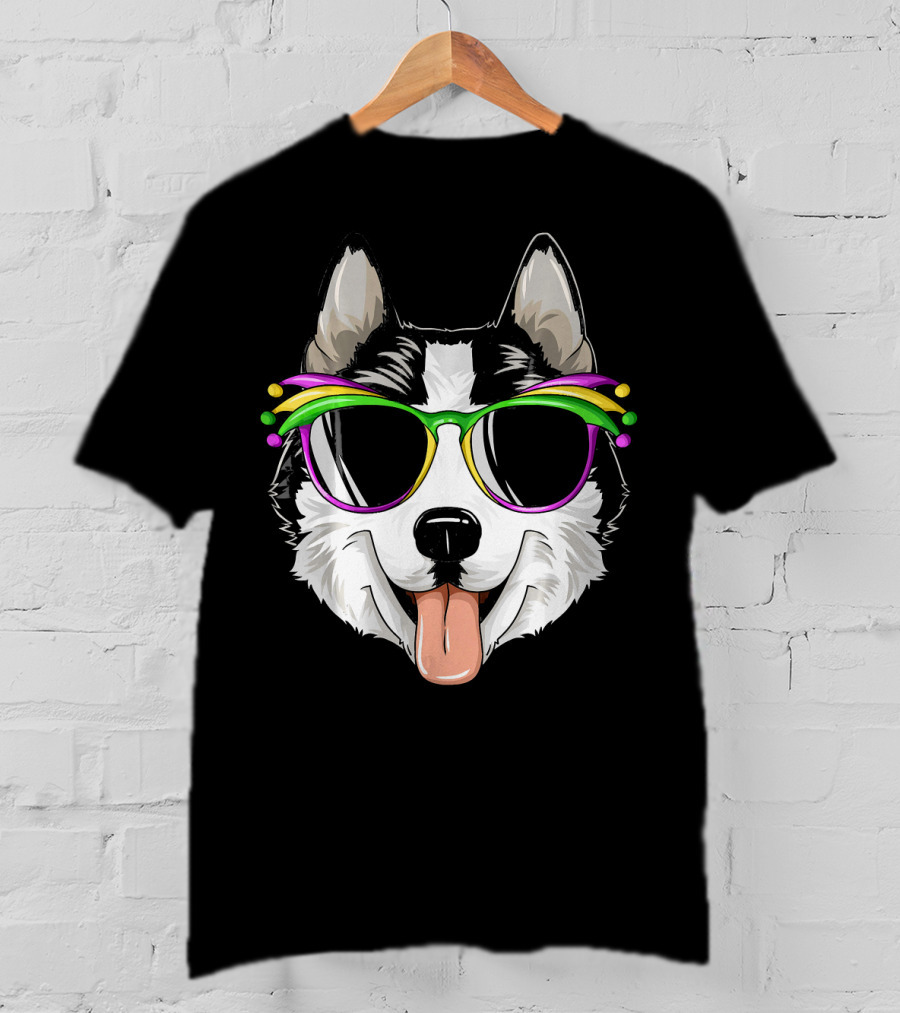 Husky Mardi Gras Carnival Mask Sunglasses Dog T-Shirt