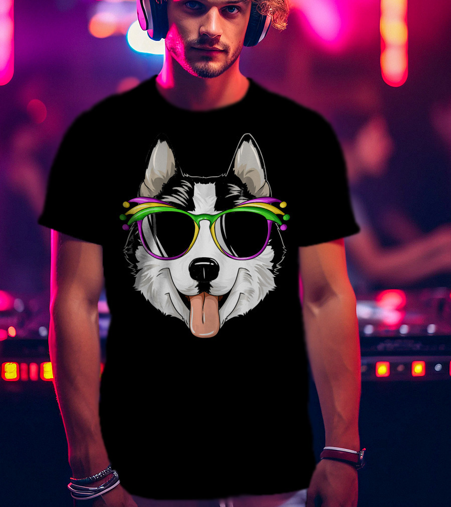 Husky Mardi Gras Carnival Mask Sunglasses Dog T-Shirt
