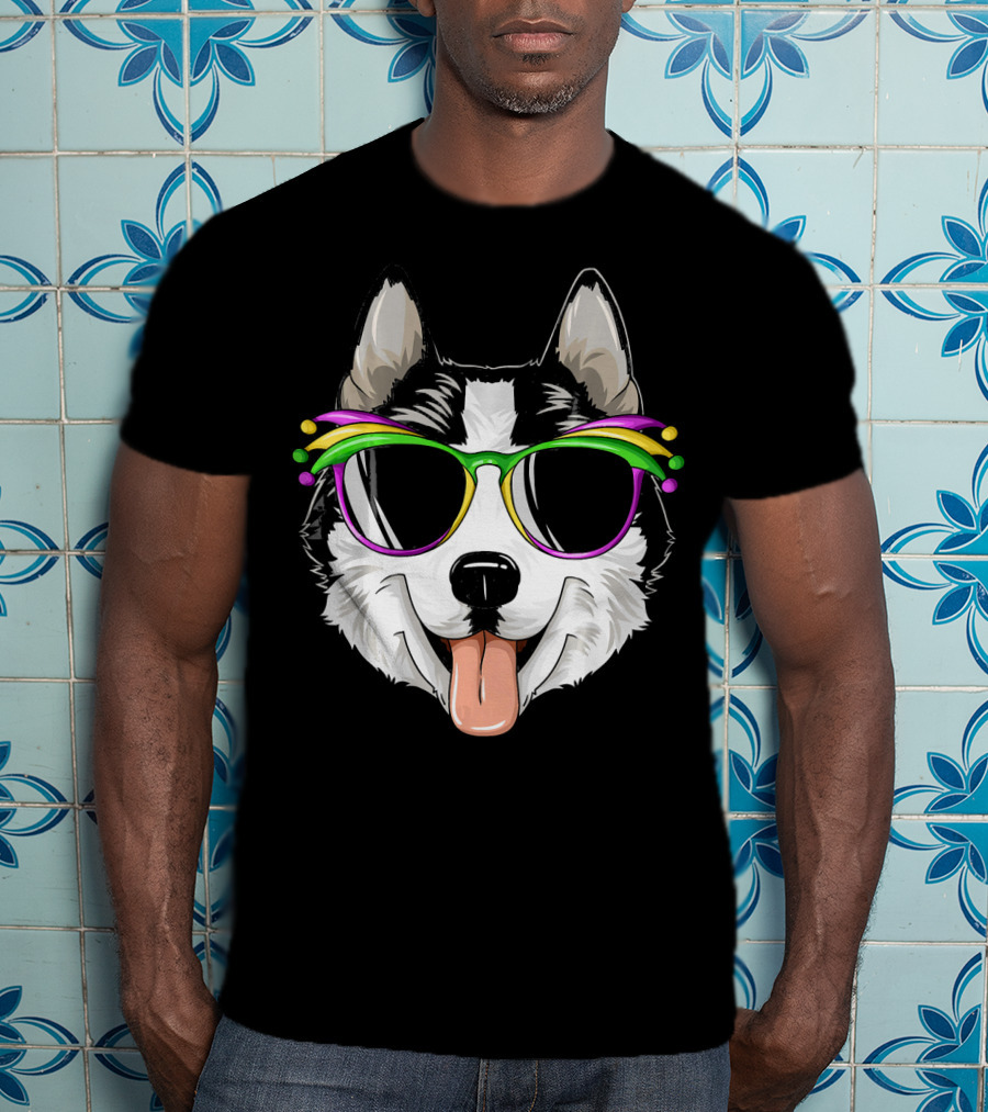 Husky Mardi Gras Carnival Mask Sunglasses Dog T-Shirt