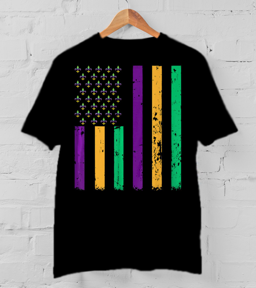 Vintage Fleur-de-Lis Mardi Gras American Flag T-Shirt