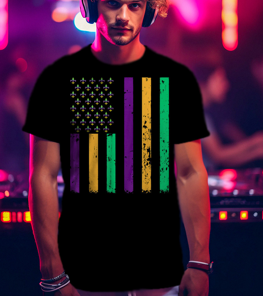 Vintage Fleur-de-Lis Mardi Gras American Flag T-Shirt