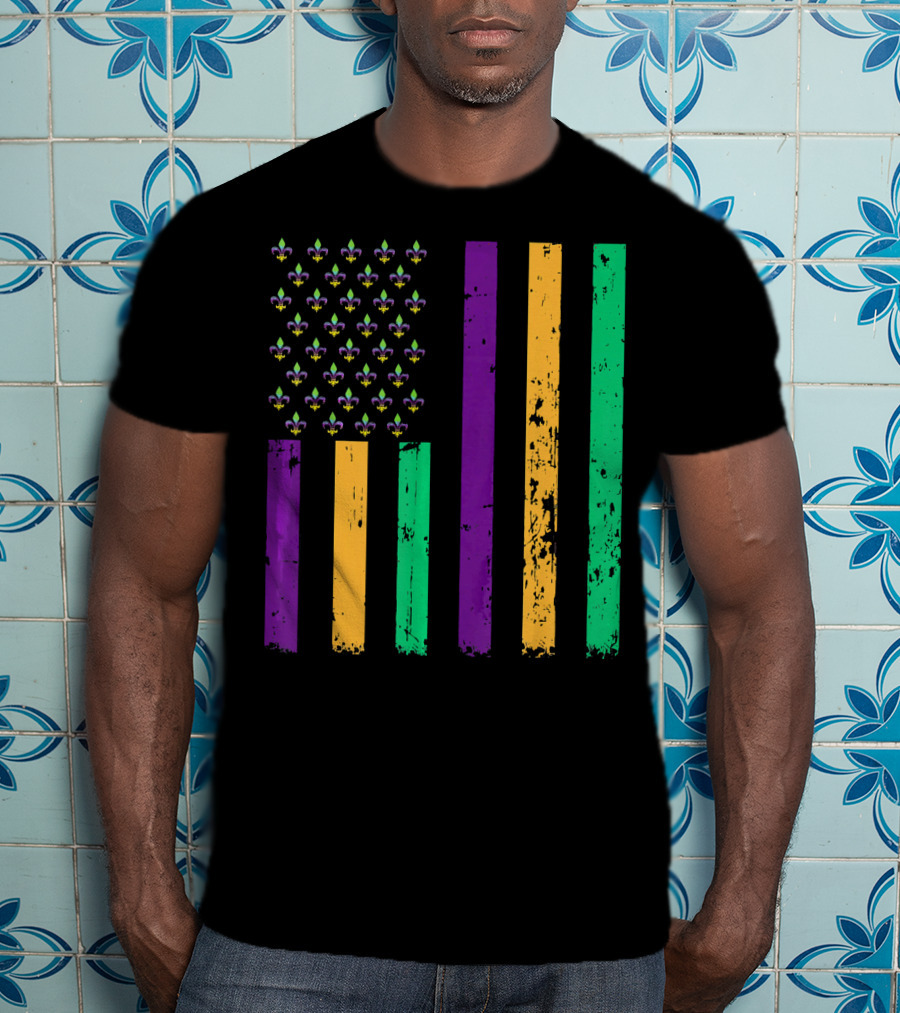 Vintage Fleur-de-Lis Mardi Gras American Flag T-Shirt
