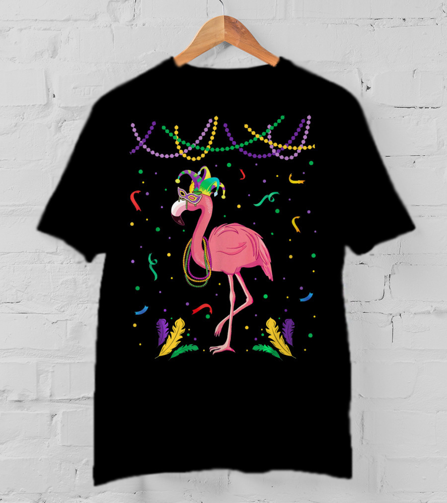 Flamingo Mardi Gras Beads And Mask T-Shirt