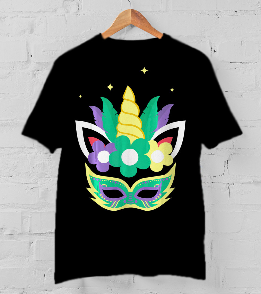 Unicorn Mardi Gras Mask With Flowers And Stars T-Shirt