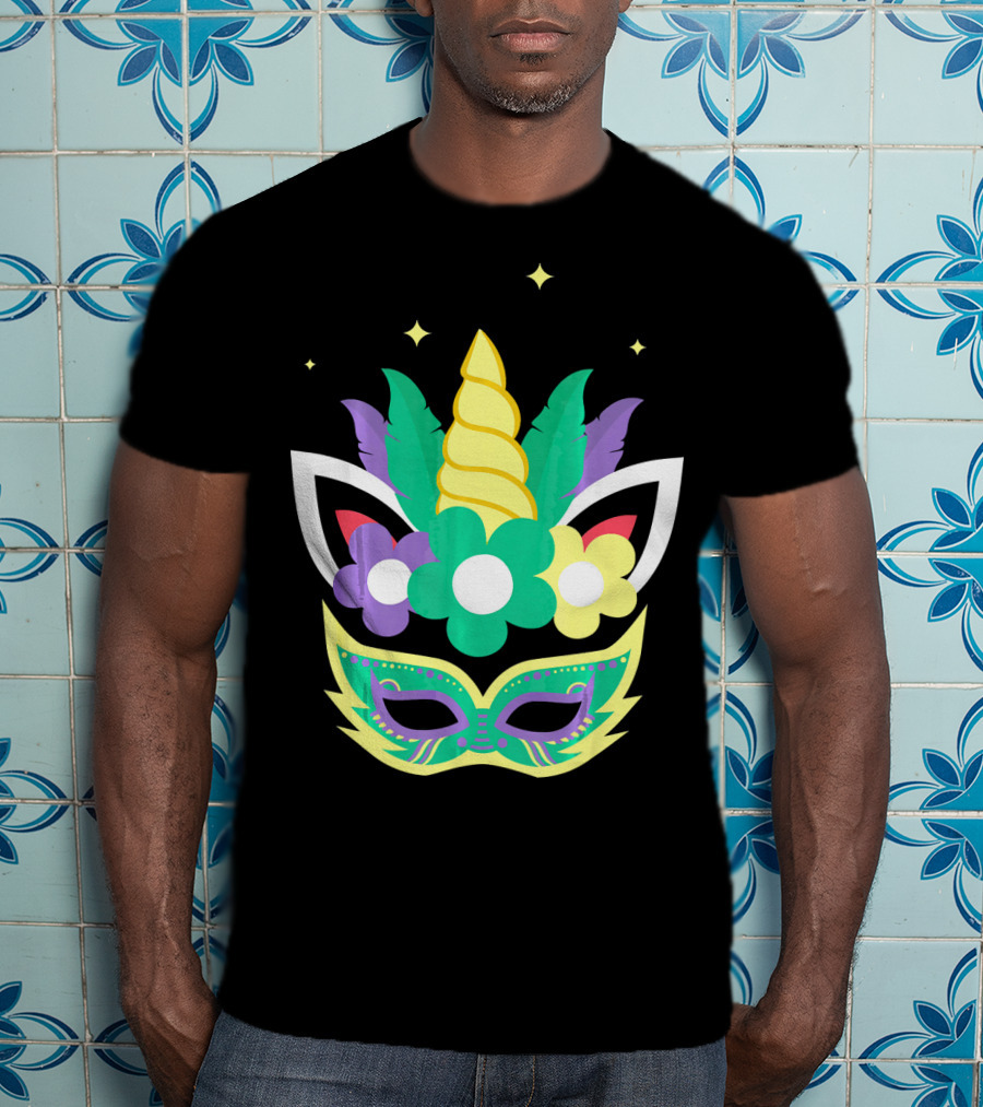 Unicorn Mardi Gras Mask With Flowers And Stars T-Shirt