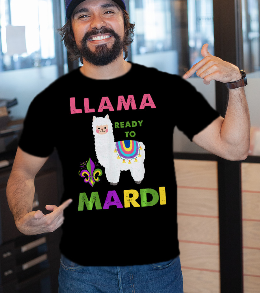 Llama Ready To Mardi Gras Fleur De Lis Festival Colors T-Shirt