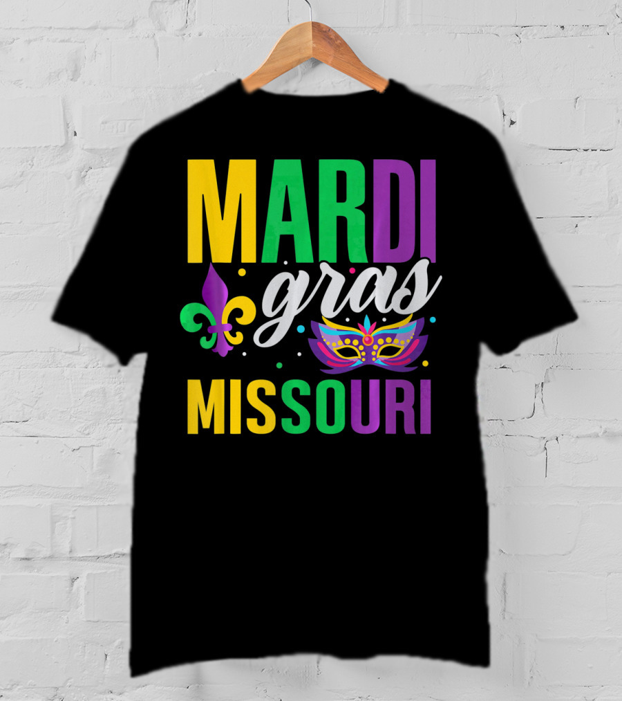 Mardi Gras Missouri Parade Beads Fleur-de-Lis Mask T-Shirt