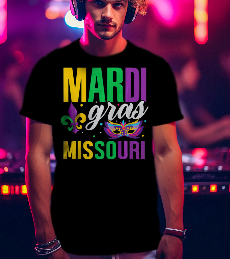 Mardi Gras Missouri Parade Beads Fleur-de-Lis Mask T-Shirt