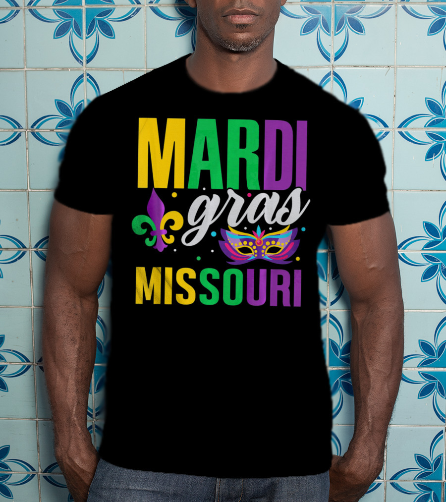 Mardi Gras Missouri Parade Beads Fleur-de-Lis Mask T-Shirt