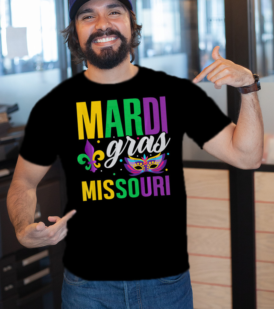 Mardi Gras Missouri Parade Beads Fleur-de-Lis Mask T-Shirt