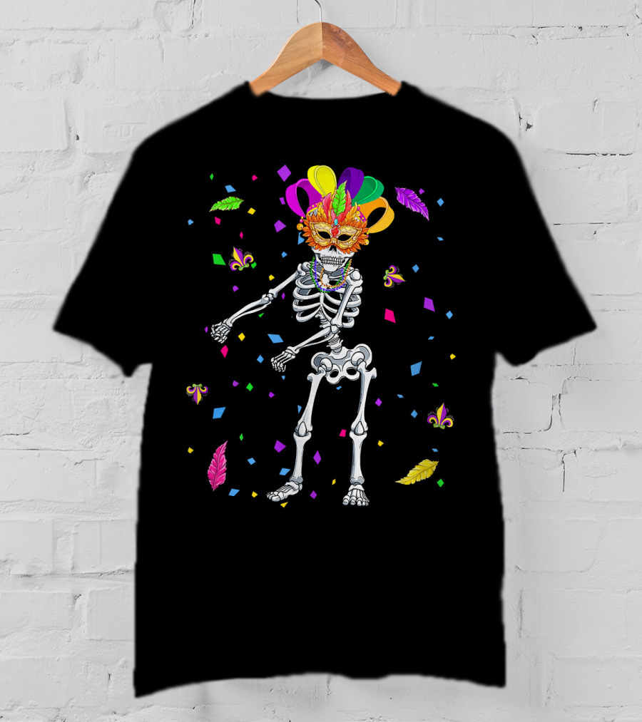 Flossing Skeleton Mardi Gras Jester Hat Beads Masquerade Mask T-Shirt