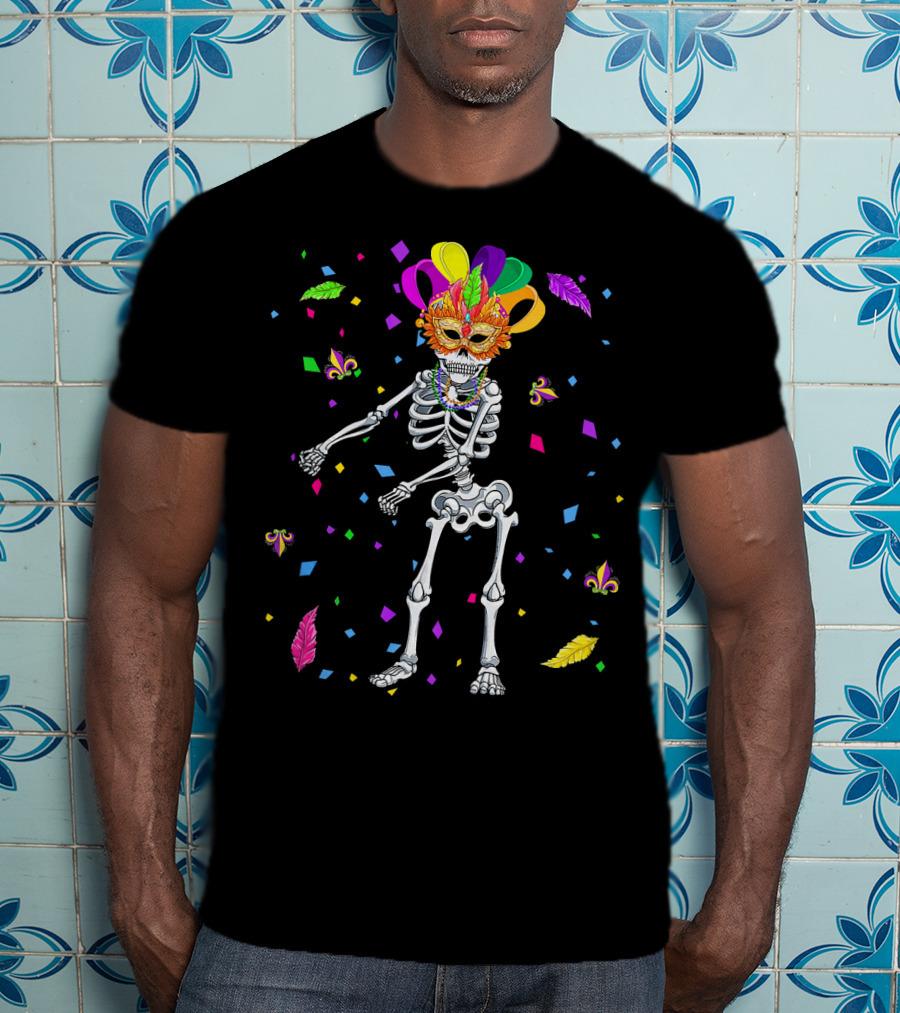 Flossing Skeleton Mardi Gras Jester Hat Beads Masquerade Mask T-Shirt