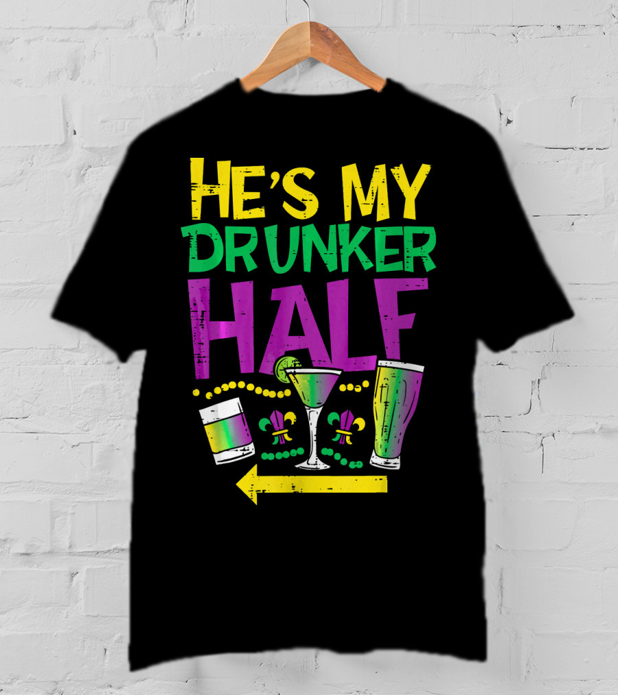 He's My Drunker Half Mardi Gras Couple Matching Party Drink Icons T-Shirt