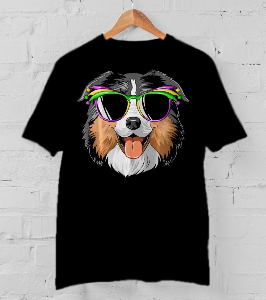 Australian Shepherd Dog Wearing Mardi Gras Festival Sunglasses T-Shirt