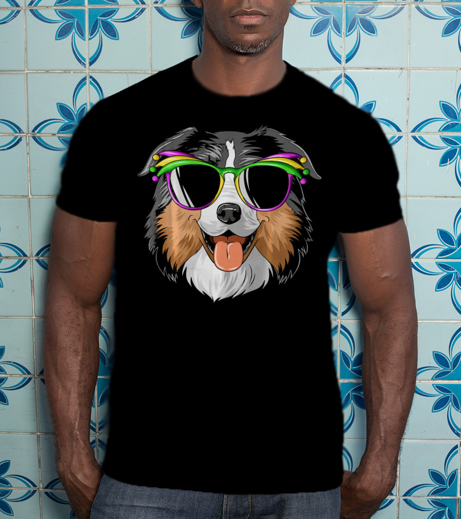 Australian Shepherd Dog Wearing Mardi Gras Festival Sunglasses T-Shirt