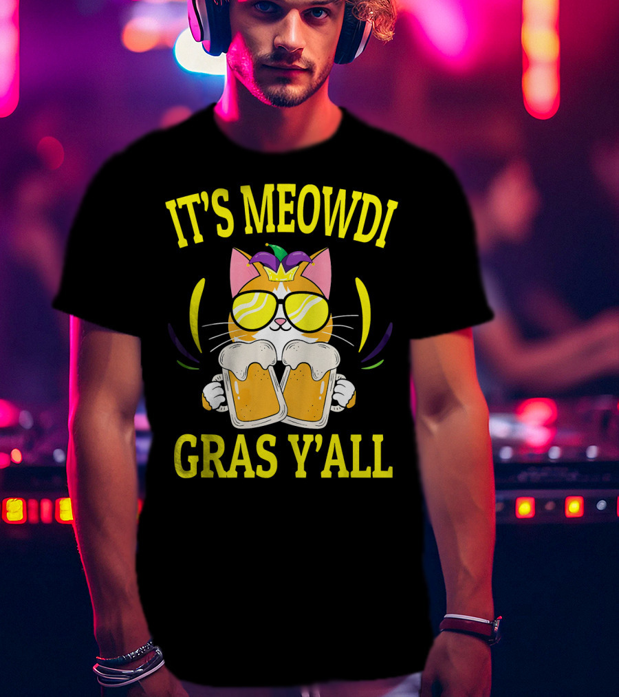 It's Meowdi Gras Y'all Cat With Beers And Sunglasses T-Shirt