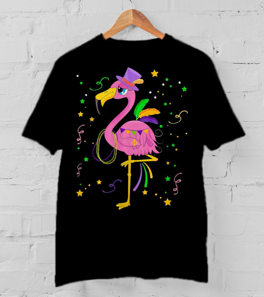 Mardi Gras Flamingo Carnival Festive Celebration With Colorful Beads And Stars T-Shirt