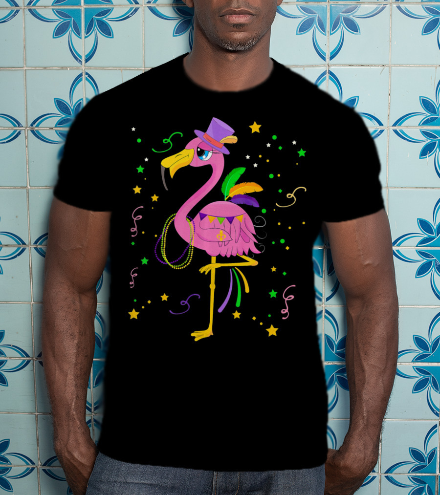 Mardi Gras Flamingo Carnival Festive Celebration With Colorful Beads And Stars T-Shirt
