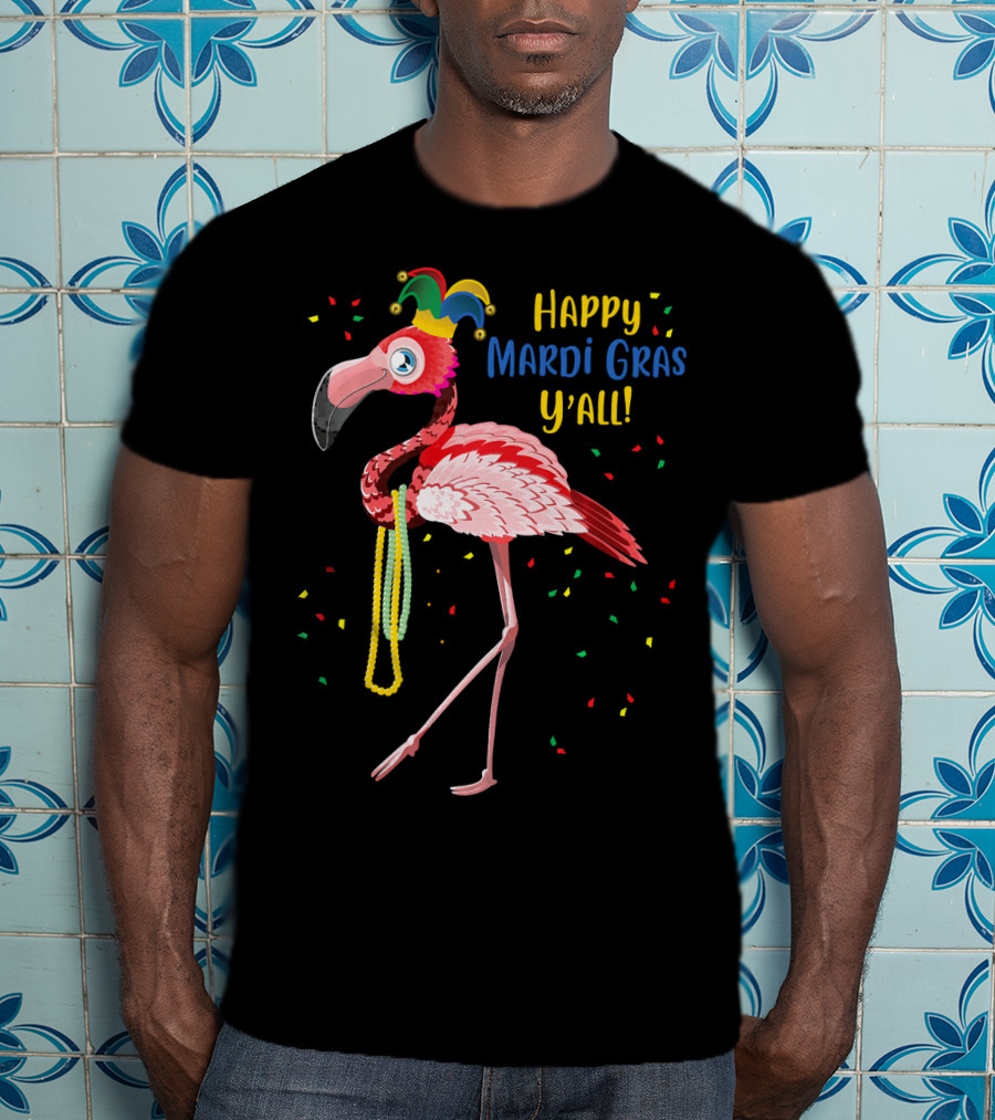 Happy Mardi Gras Y'all Flamingo Jester Hat Fat Tuesday T-Shirt