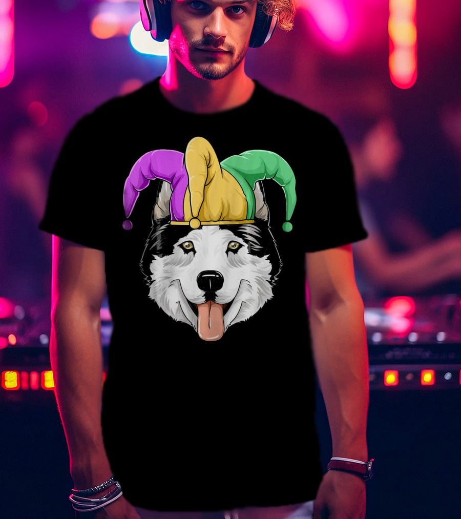 Mardi Gras Husky With Carnival Jester Hat T-Shirt