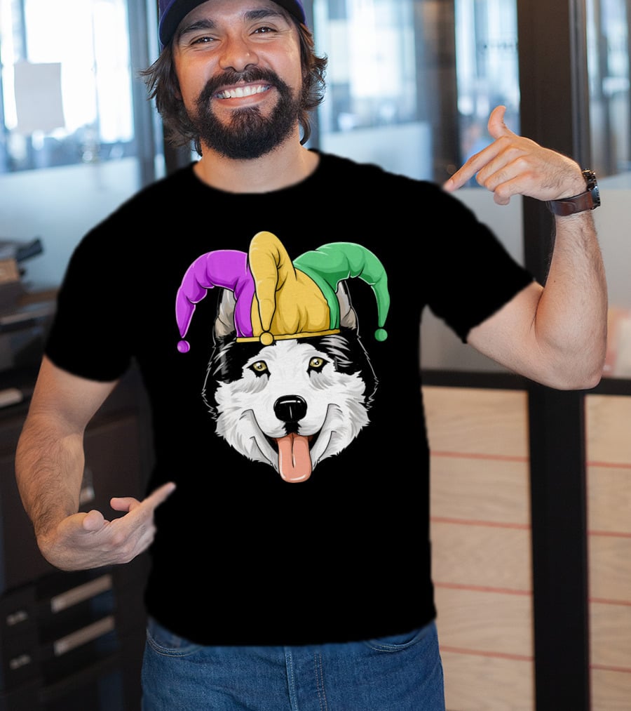 Mardi Gras Husky With Carnival Jester Hat T-Shirt