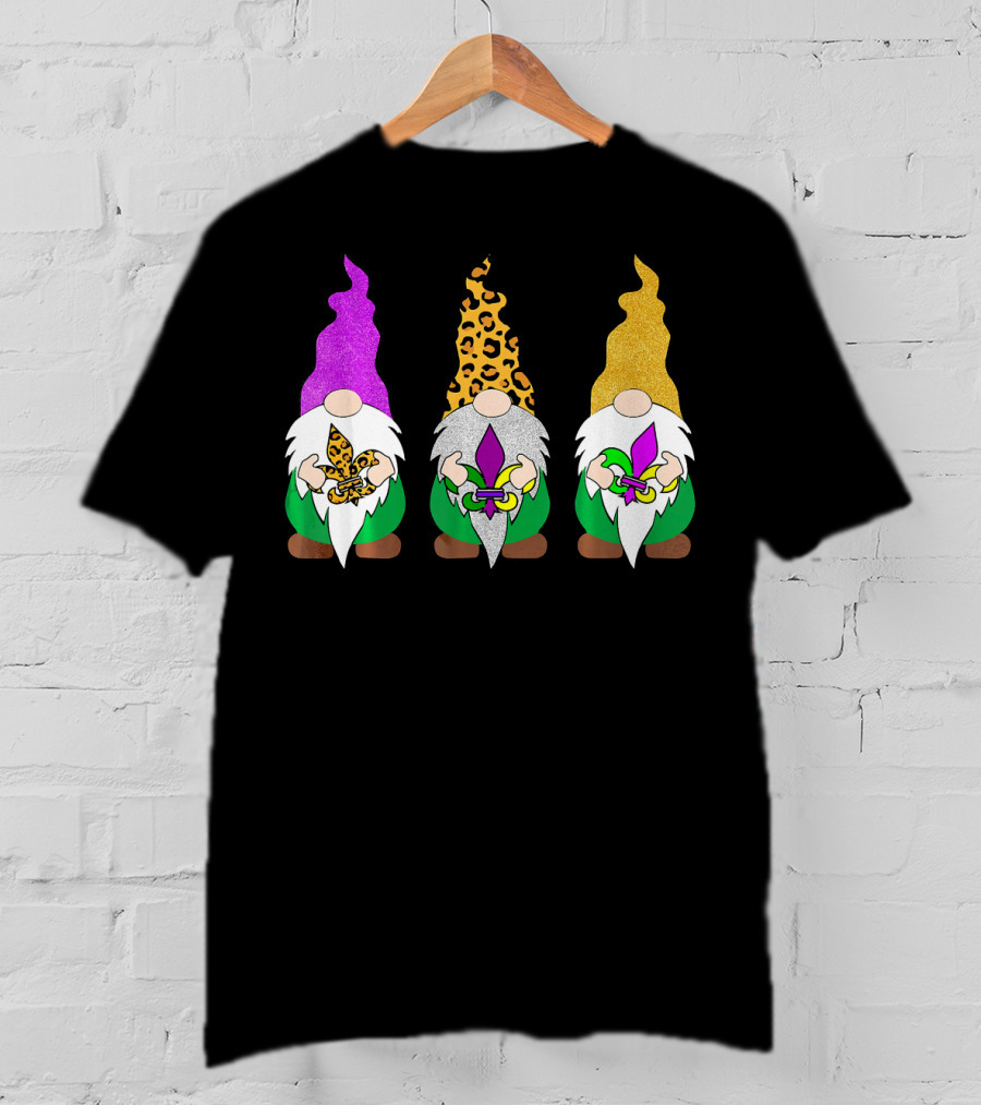 Mardi Gras Festival Colors Glitter Leopard Pattern Gnomes With Fleur-de-Lis T-Shirt