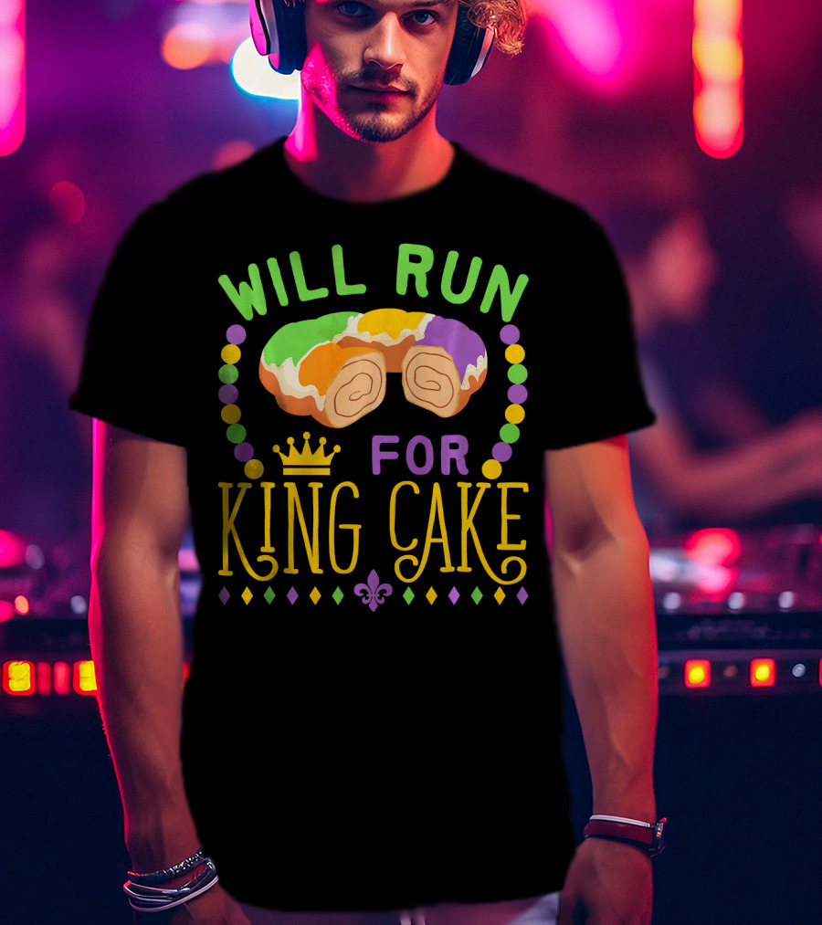Will Run For King Cake Mardi Gras Festival Beads And Pastry Fleur-de-lis Colors T-Shirt