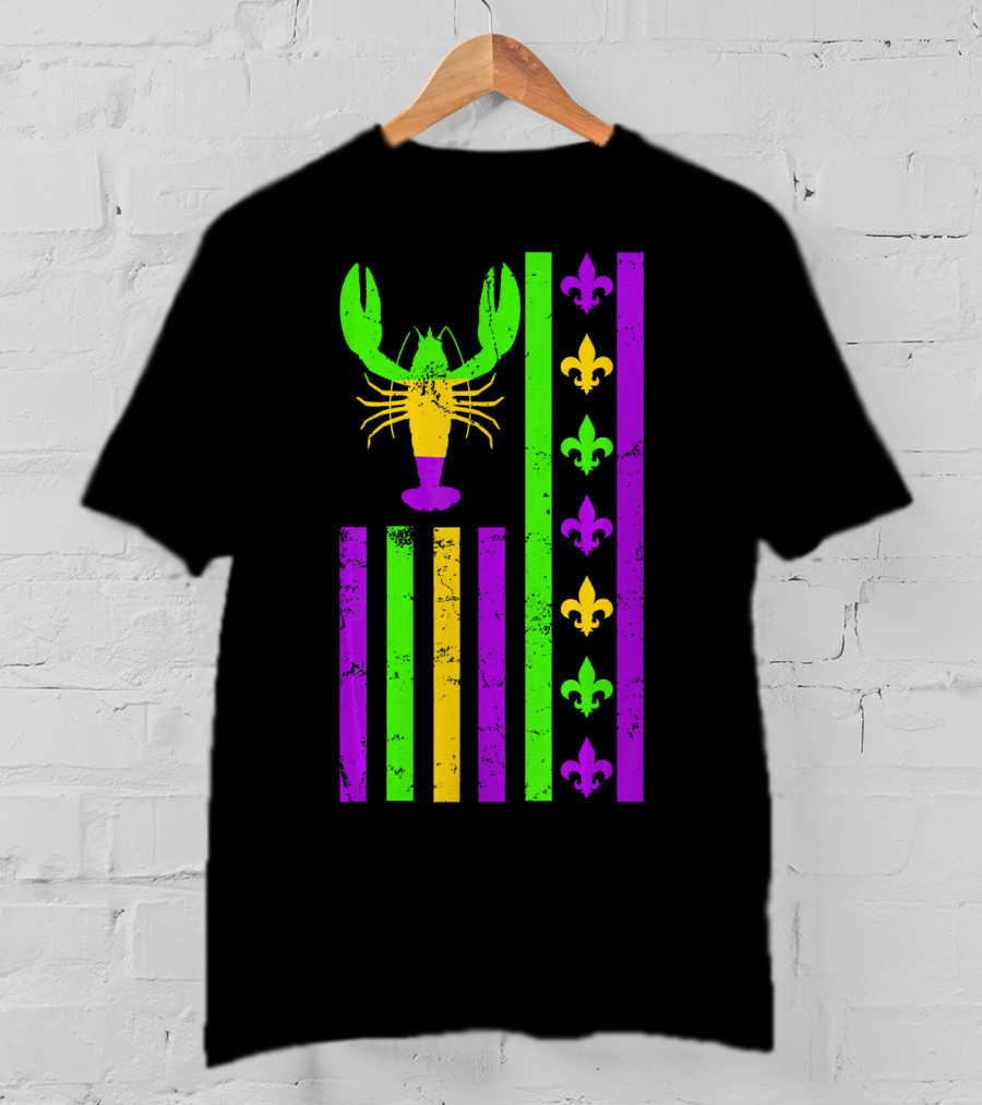 American Flag Mardi Gras Crawfish Fleur-de-Lis Stripes T-Shirt