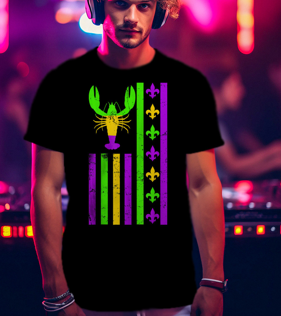 American Flag Mardi Gras Crawfish Fleur-de-Lis Stripes T-Shirt