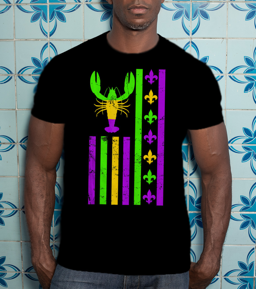 American Flag Mardi Gras Crawfish Fleur-de-Lis Stripes T-Shirt