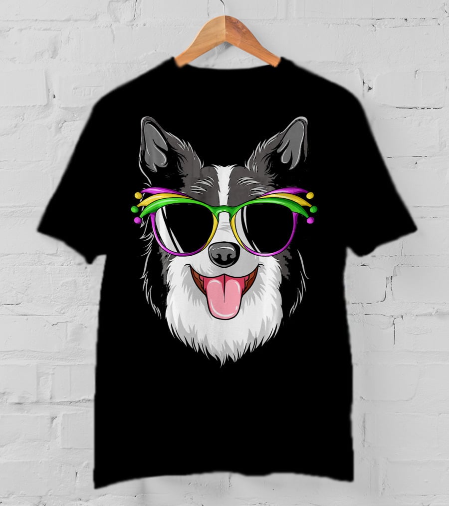 Collie Wearing Mardi Gras Carnival Mask With Colorful Glasses T-Shirt