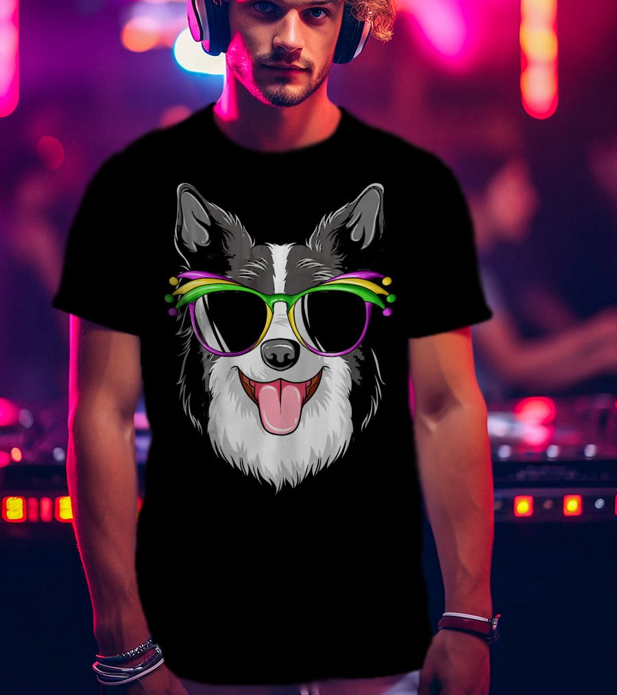 Collie Wearing Mardi Gras Carnival Mask With Colorful Glasses T-Shirt