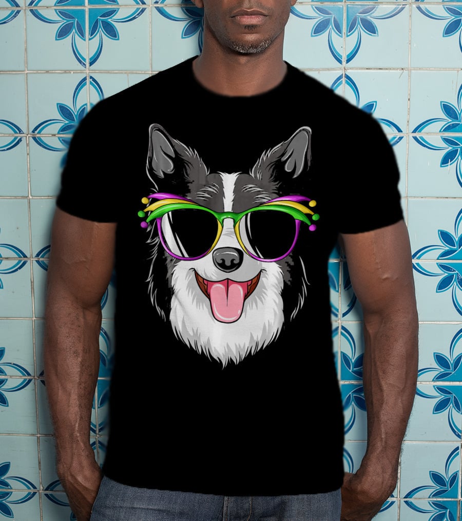 Collie Wearing Mardi Gras Carnival Mask With Colorful Glasses T-Shirt