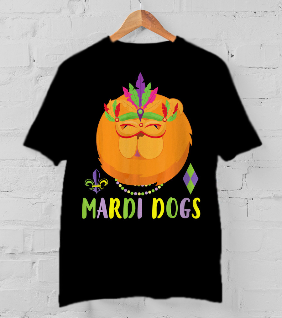 Mardi Dogs Chow Chow Costume With Beads And Mardi Gras Mask T-Shirt