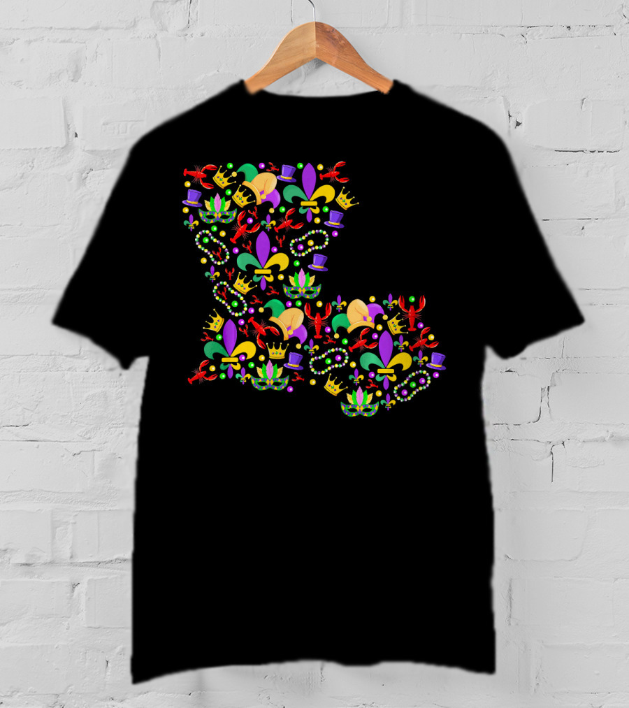 Mardi Gras Crawfish Fleur-de-Lis Beads Crowns Louisiana Map T-Shirt