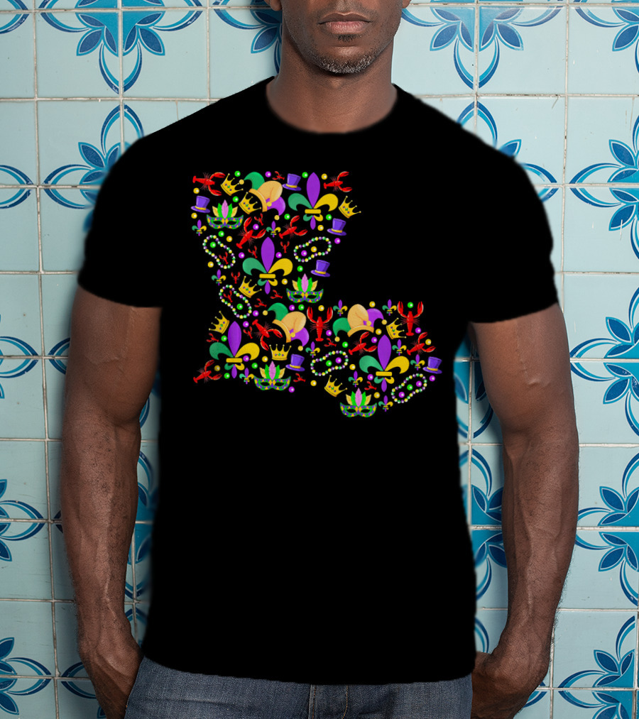 Mardi Gras Crawfish Fleur-de-Lis Beads Crowns Louisiana Map T-Shirt
