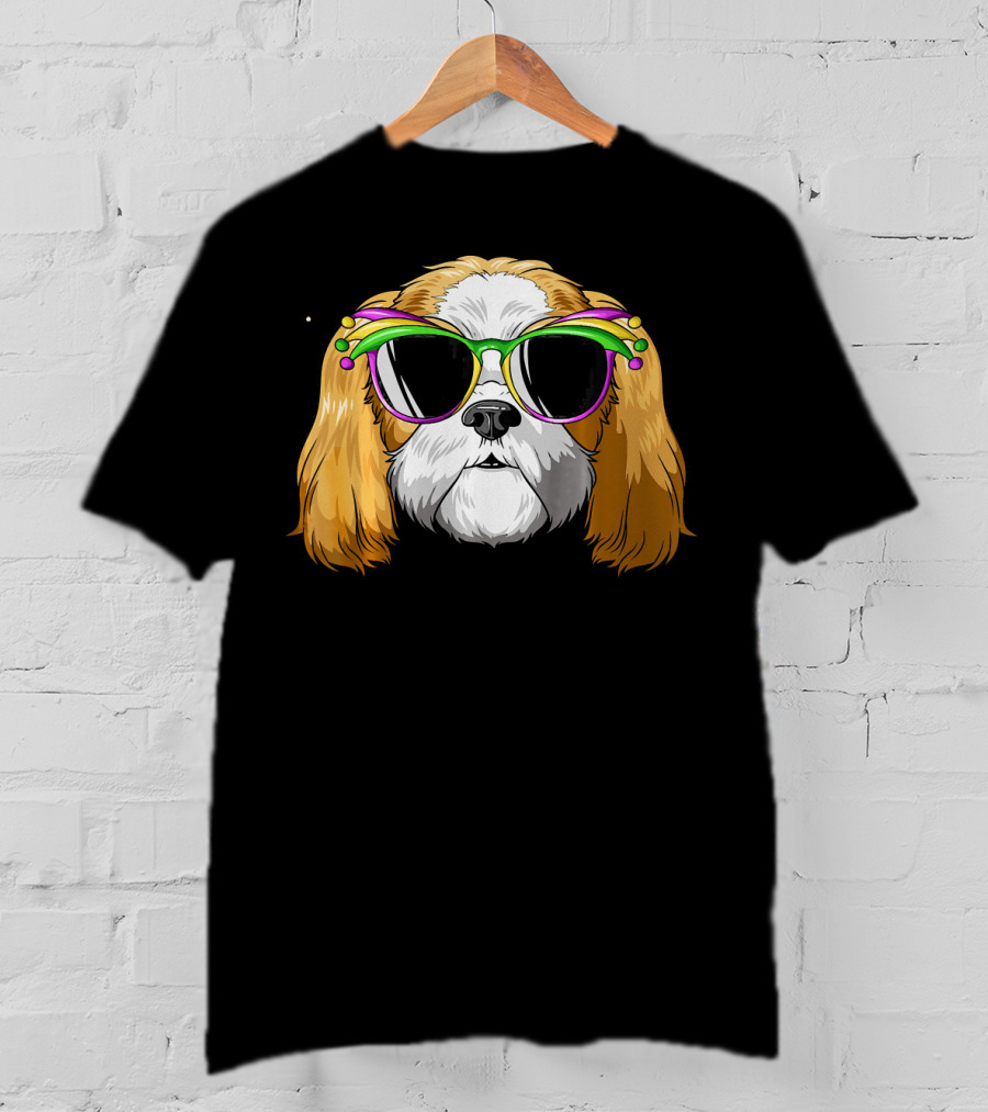 Shih Tzu Wearing Colorful Mardi Gras Carnival Mask Glasses T-Shirt