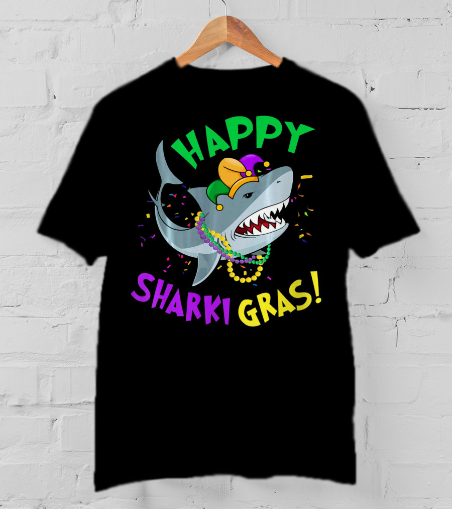 Happy Sharki Gras Mardi Gras Shark With Beads And Jester Hat T-Shirt