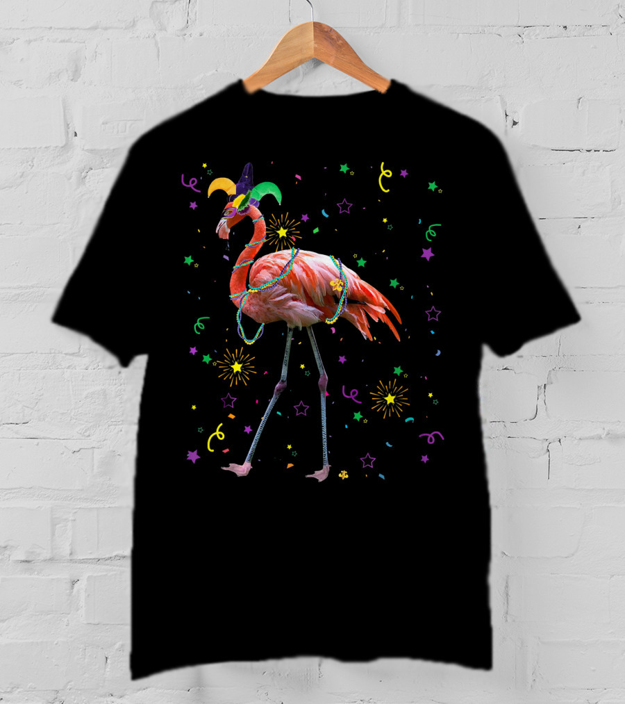 Flamingo Mardi Gras Carnival Festival Celebration With Jester Hat And Beads T-Shirt