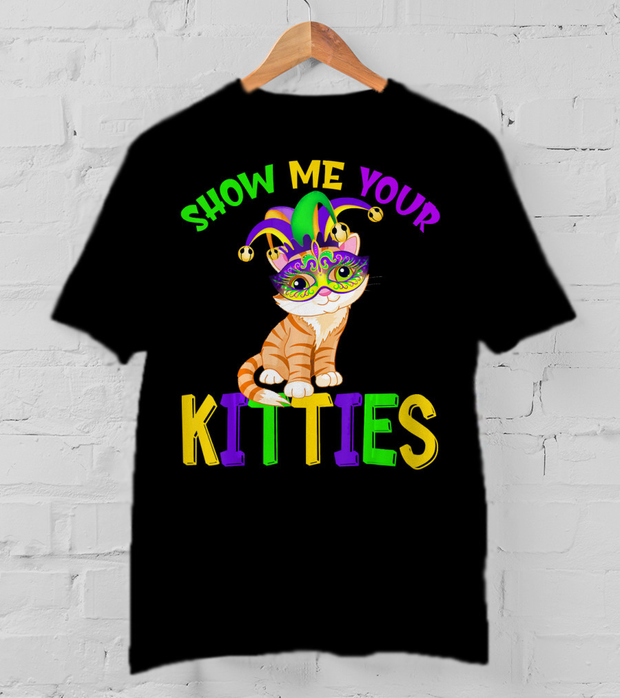 Show Me Your Kitties Cat Lover Jester Mask With Colorful Juggling Hat And Orange Tabby T-Shirt