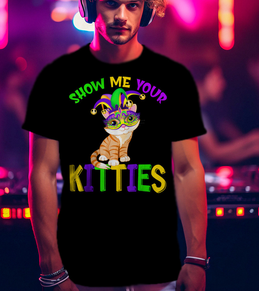Show Me Your Kitties Cat Lover Jester Mask With Colorful Juggling Hat And Orange Tabby T-Shirt