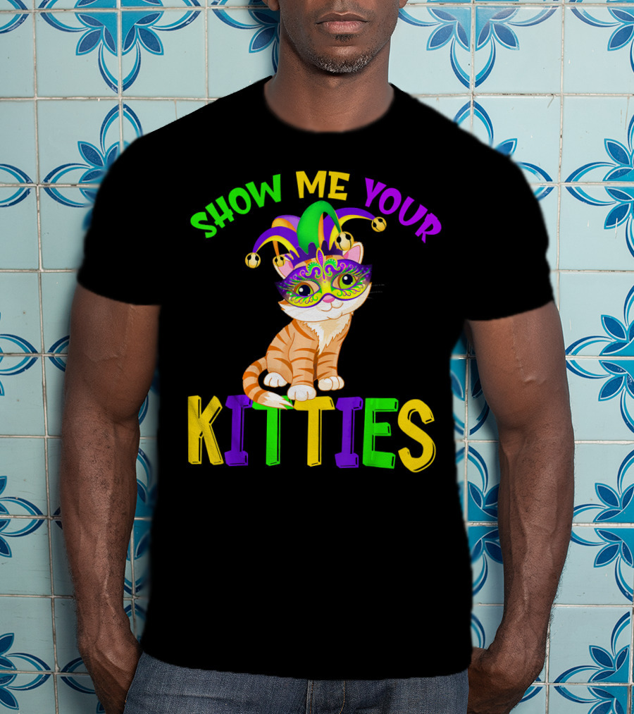 Show Me Your Kitties Cat Lover Jester Mask With Colorful Juggling Hat And Orange Tabby T-Shirt